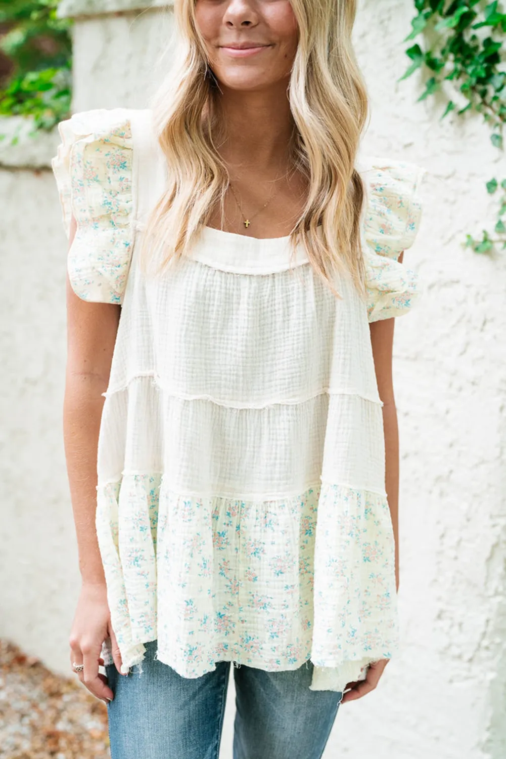 White Floral Patchwork Textured Tiered Ruffled Flowy Top
