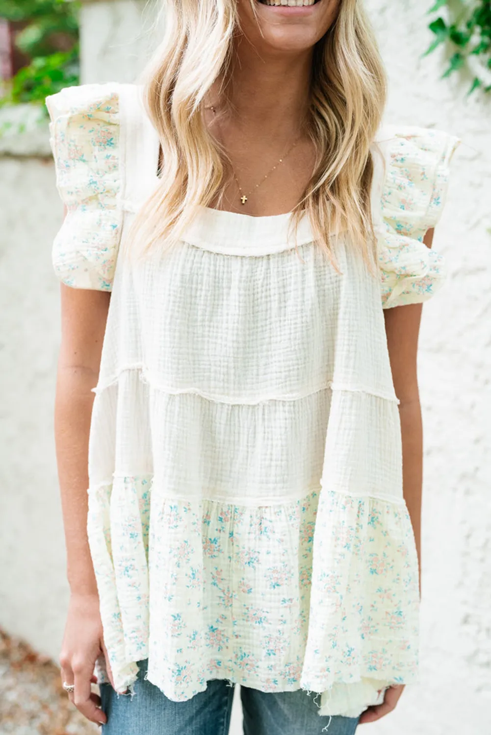 White Floral Patchwork Textured Tiered Ruffled Flowy Top