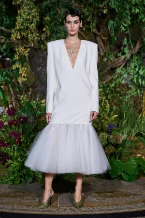 WHITE LONG SLEEVE BLAZER DRESS WITH TULLE MERMAID HEM