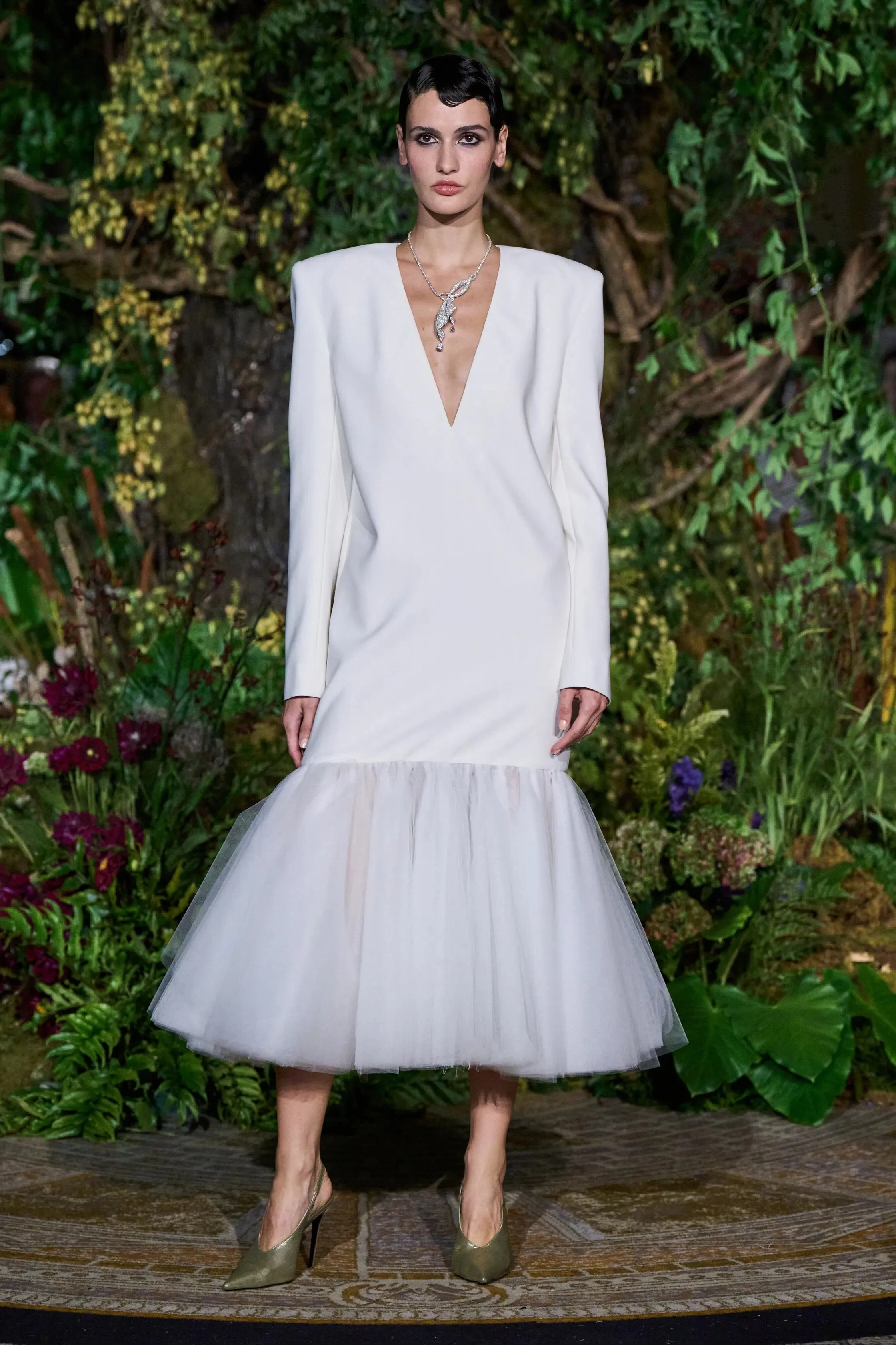 WHITE LONG SLEEVE BLAZER DRESS WITH TULLE MERMAID HEM