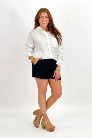 White Striped Button Down Long Sleeve Top
