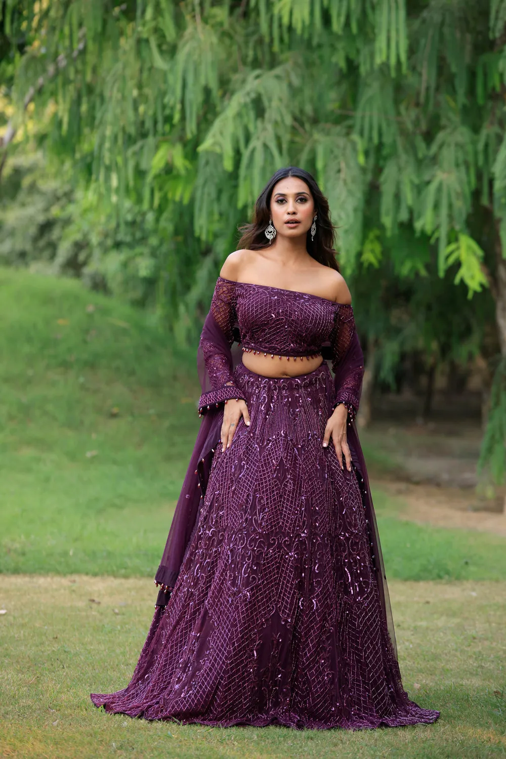 Wine Embellished Lehenga With Off- Shoulder Blouse Set