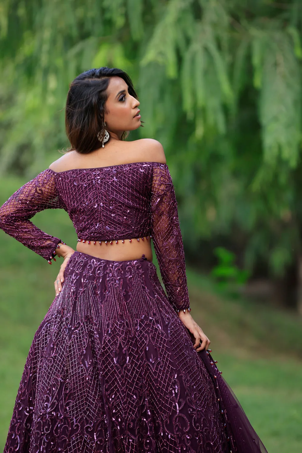 Wine Embellished Lehenga With Off- Shoulder Blouse Set