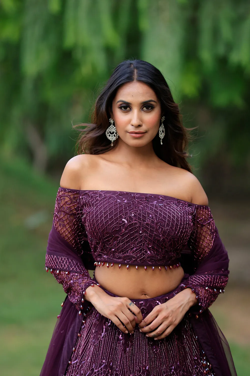 Wine Embellished Lehenga With Off- Shoulder Blouse Set