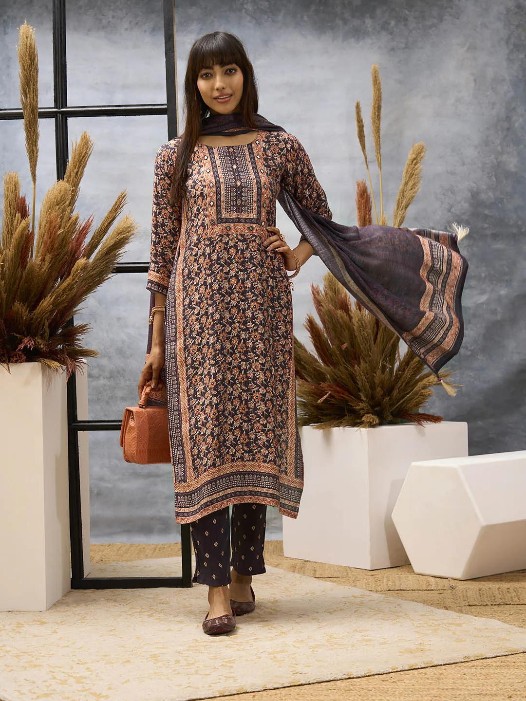 Wine Kurta Set - Women Chanderi Silk Comfort Kurta Set with Dupatta - Zola