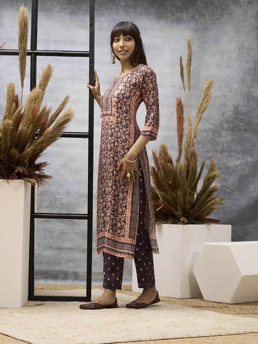 Wine Kurta Set - Women Chanderi Silk Comfort Kurta Set with Dupatta - Zola