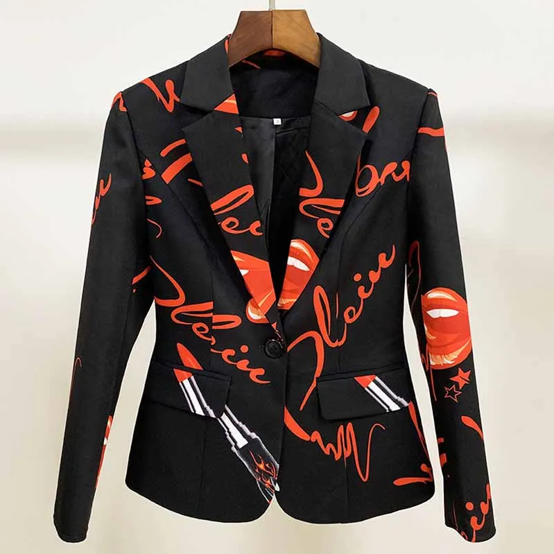 Womens Black Printing Blazer   Flare Trousers Suit Two Piece Formal Pantsuits