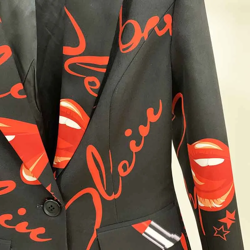 Womens Black Printing Blazer   Flare Trousers Suit Two Piece Formal Pantsuits