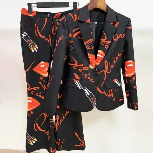 Womens Black Printing Blazer   Flare Trousers Suit Two Piece Formal Pantsuits