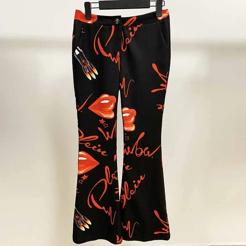 Womens Black Printing Blazer   Flare Trousers Suit Two Piece Formal Pantsuits