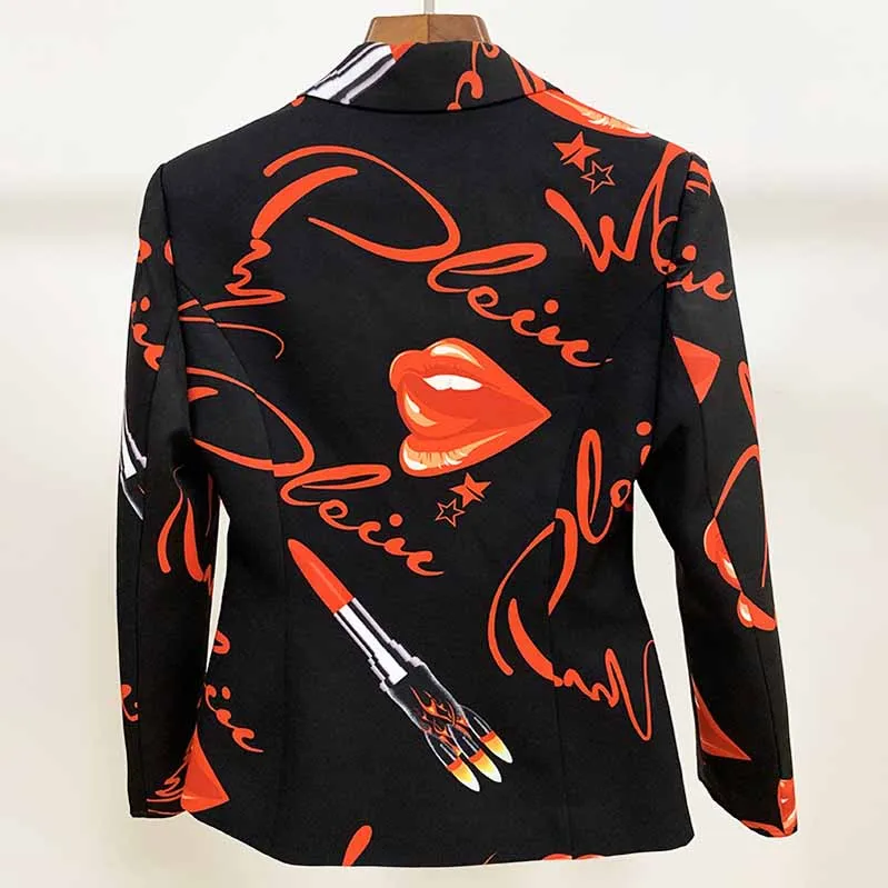 Womens Black Printing Blazer   Flare Trousers Suit Two Piece Formal Pantsuits