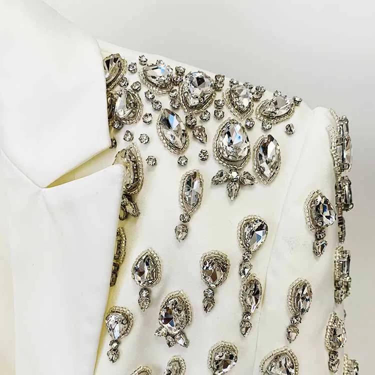 Women's Hand Made Nail beaded White / Black Mid Length Blazer Dress