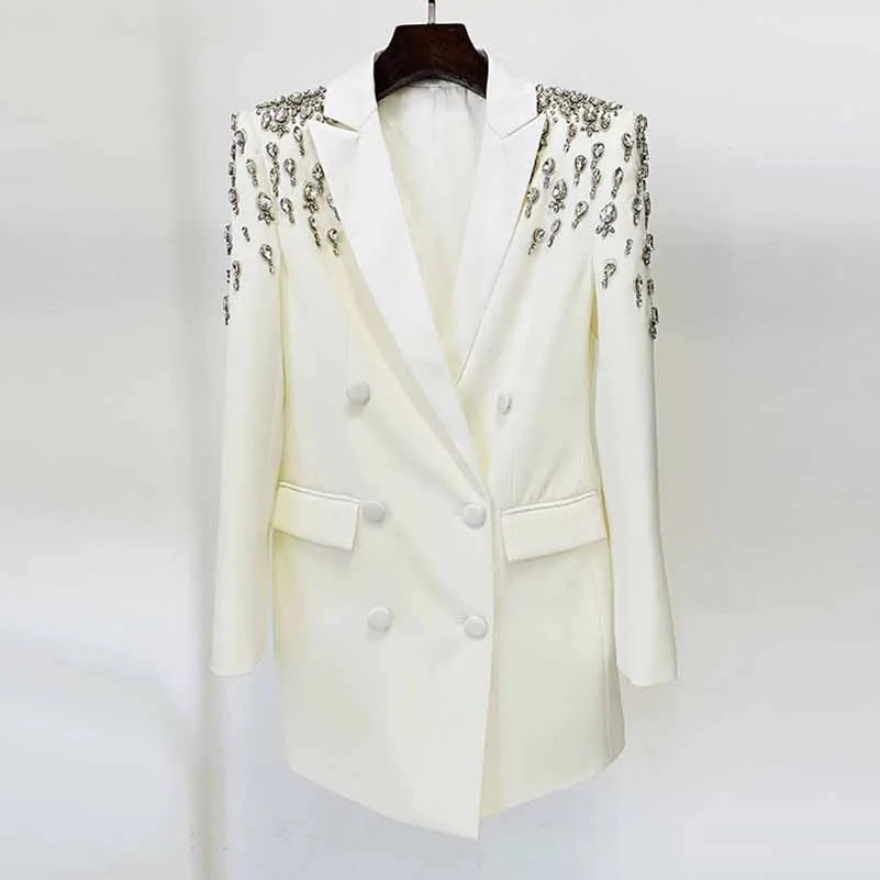 Women's Hand Made Nail beaded White / Black Mid Length Blazer Dress