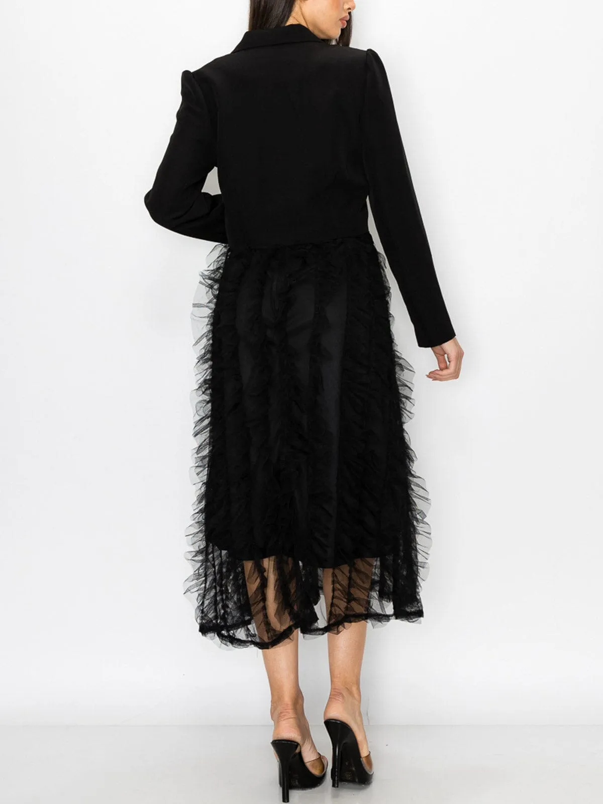 WOMEN'S LONG SLEEVE BLAZER & RUFFLE MIDI DRESS