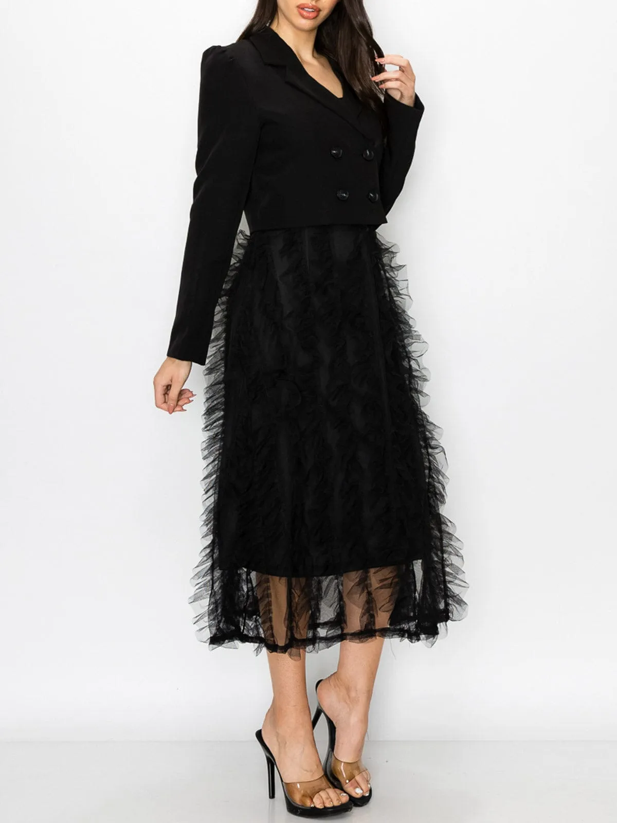 WOMEN'S LONG SLEEVE BLAZER & RUFFLE MIDI DRESS