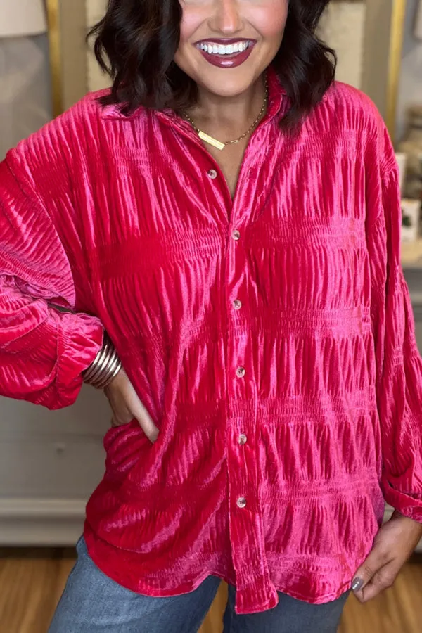 WOMEN'S SHIRRED VELVET BUTTON DOWN TOP