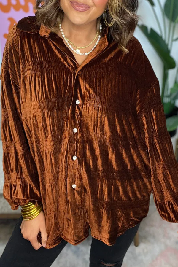 WOMEN'S SHIRRED VELVET BUTTON DOWN TOP