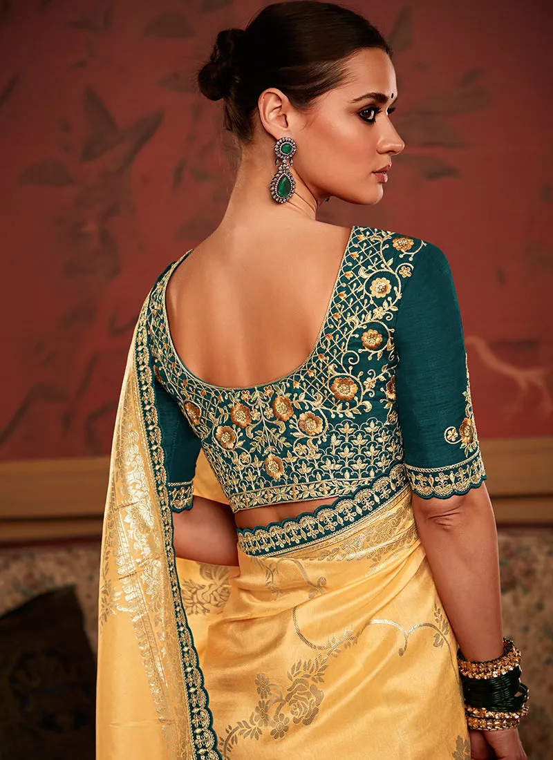 Yellow And Green Weaved Pure Dola Silk Saree