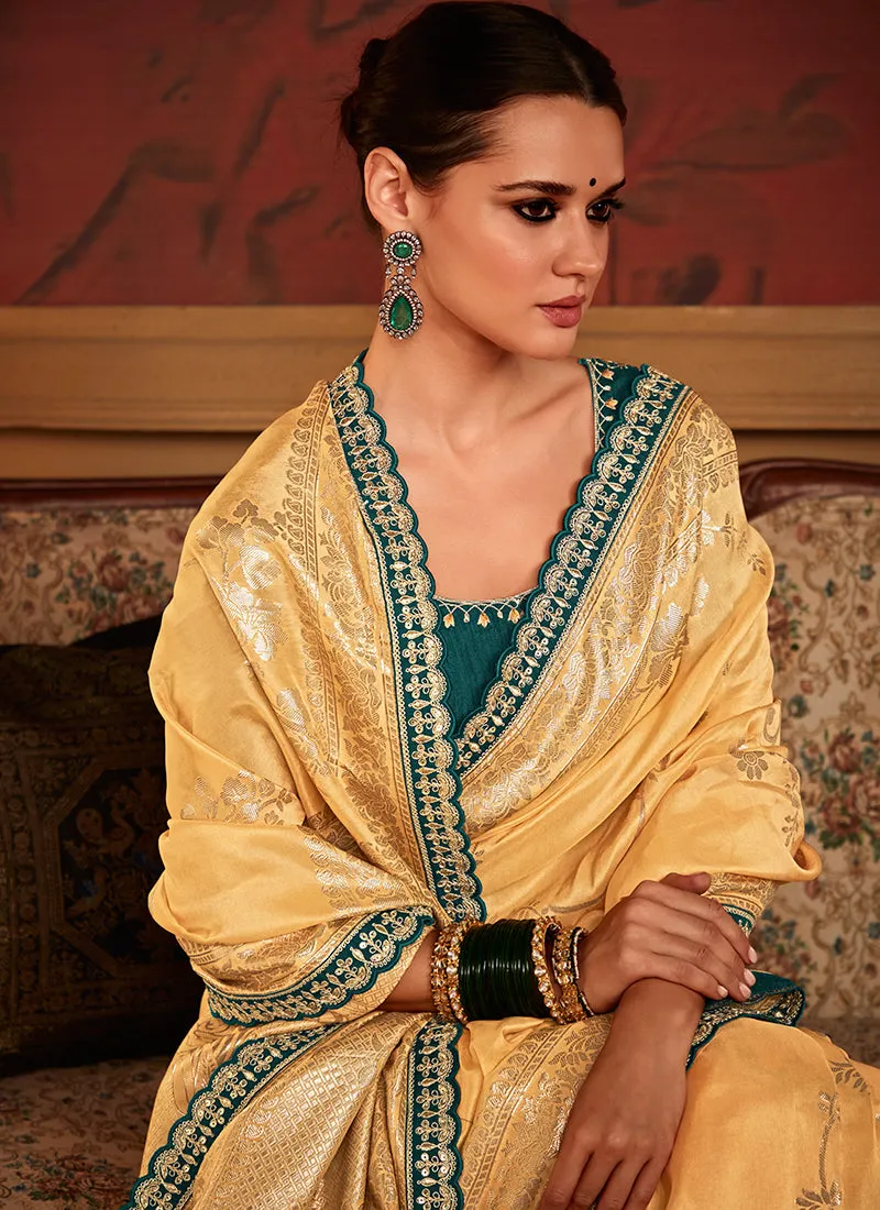 Yellow And Green Weaved Pure Dola Silk Saree