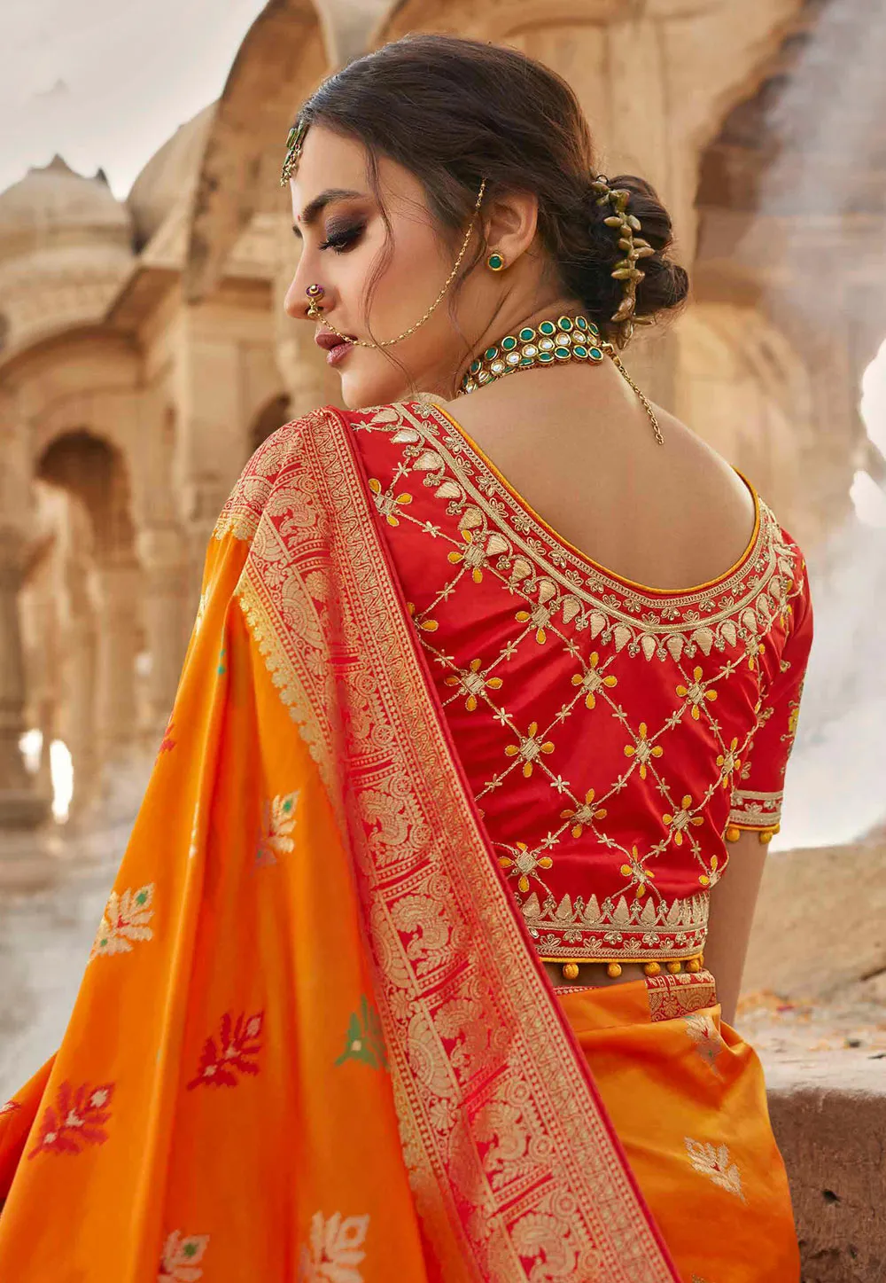 Yellow And Red Embroidered Wedding Saree