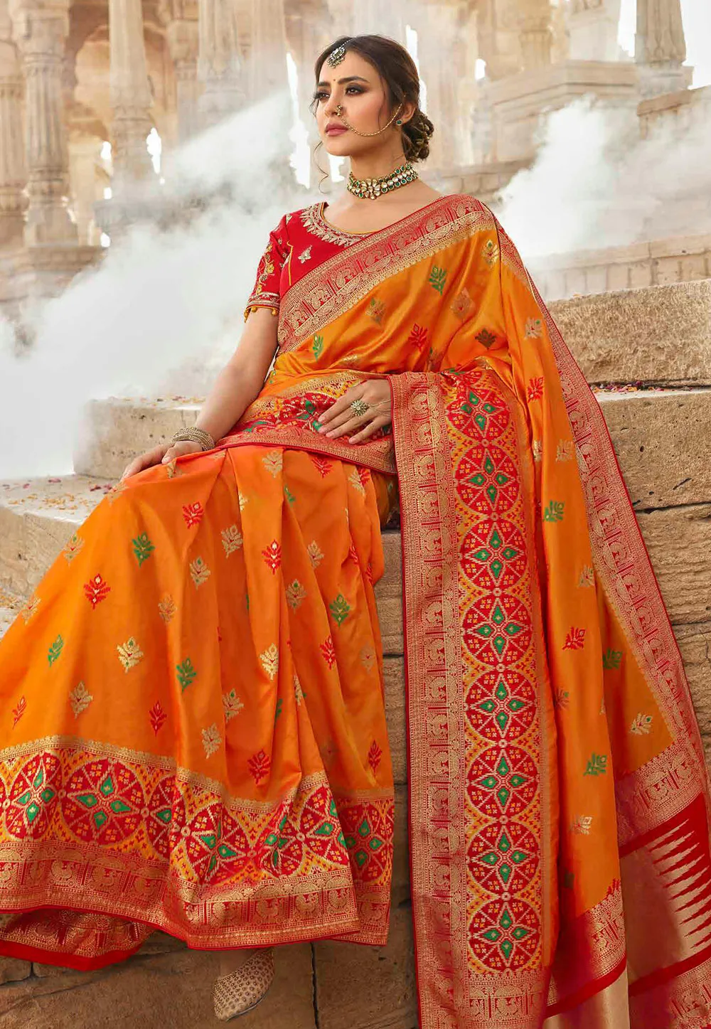 Yellow And Red Embroidered Wedding Saree