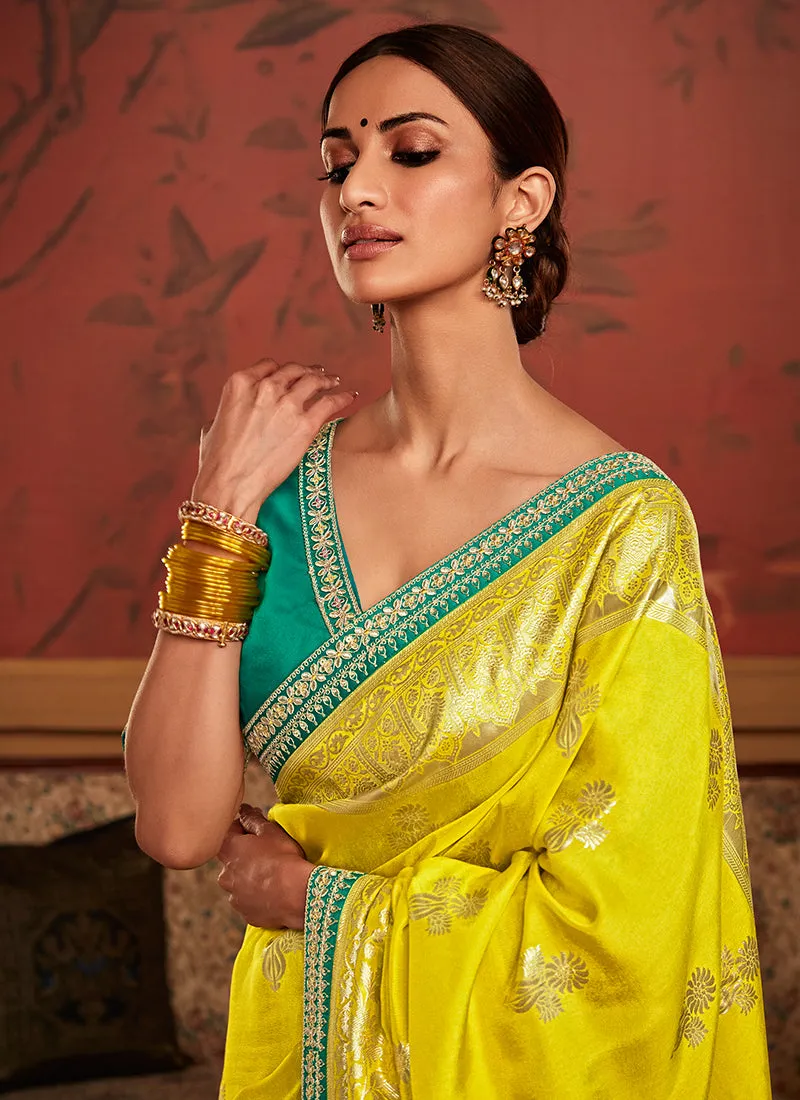 Yellow And Teal Weaved Pure Dola Silk Saree