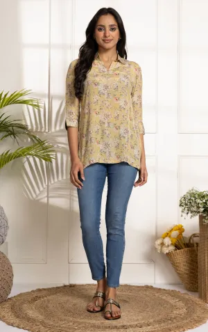 Yellow Crepe Ready-To-Wear Digital Printed Ready To Wear Top