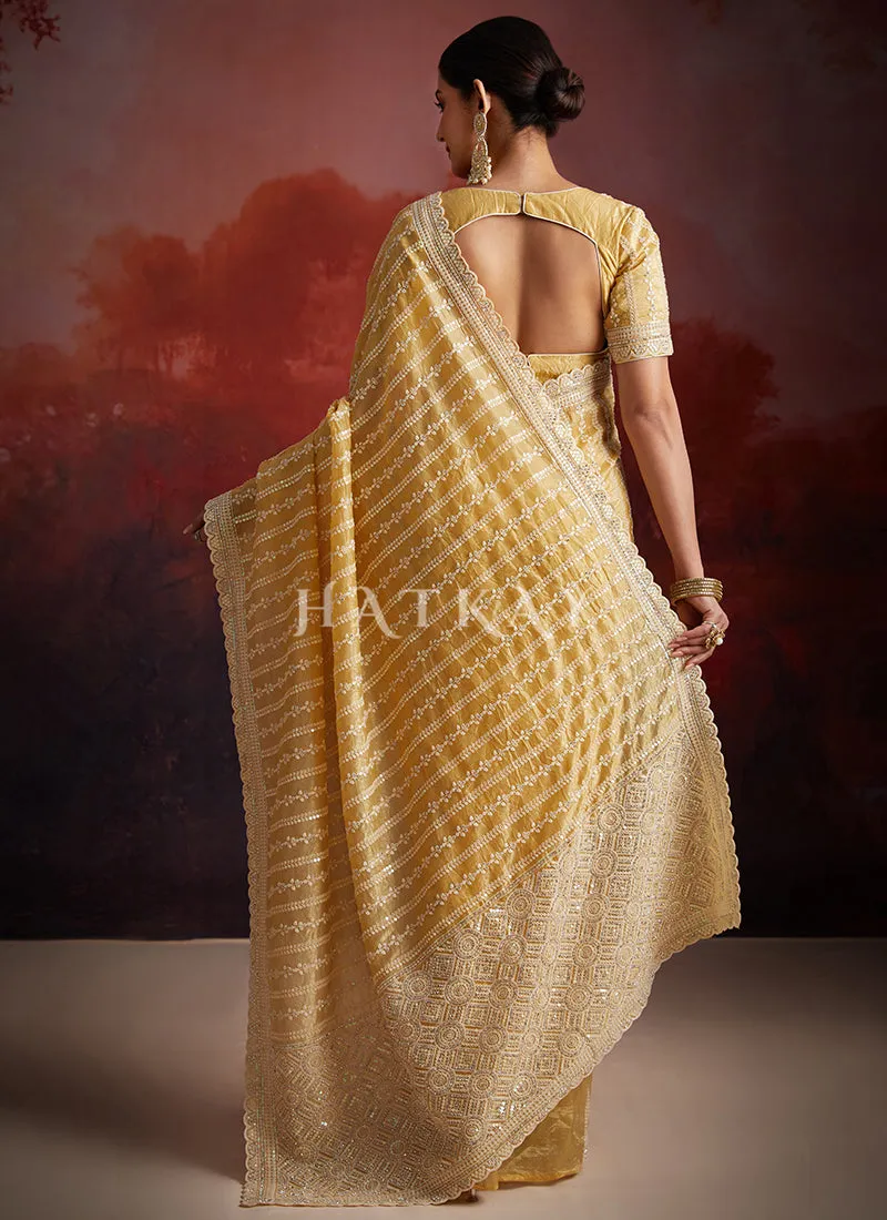 Yellow Embroidery Party Wear Saree