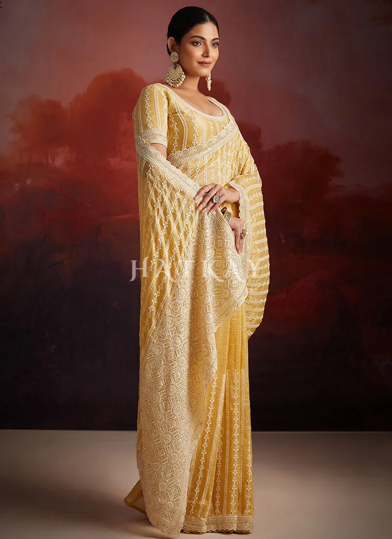 Yellow Embroidery Party Wear Saree