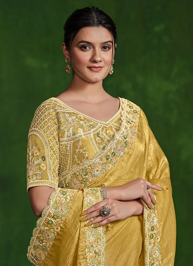 Yellow Multi Embroidery Premium Silk Saree