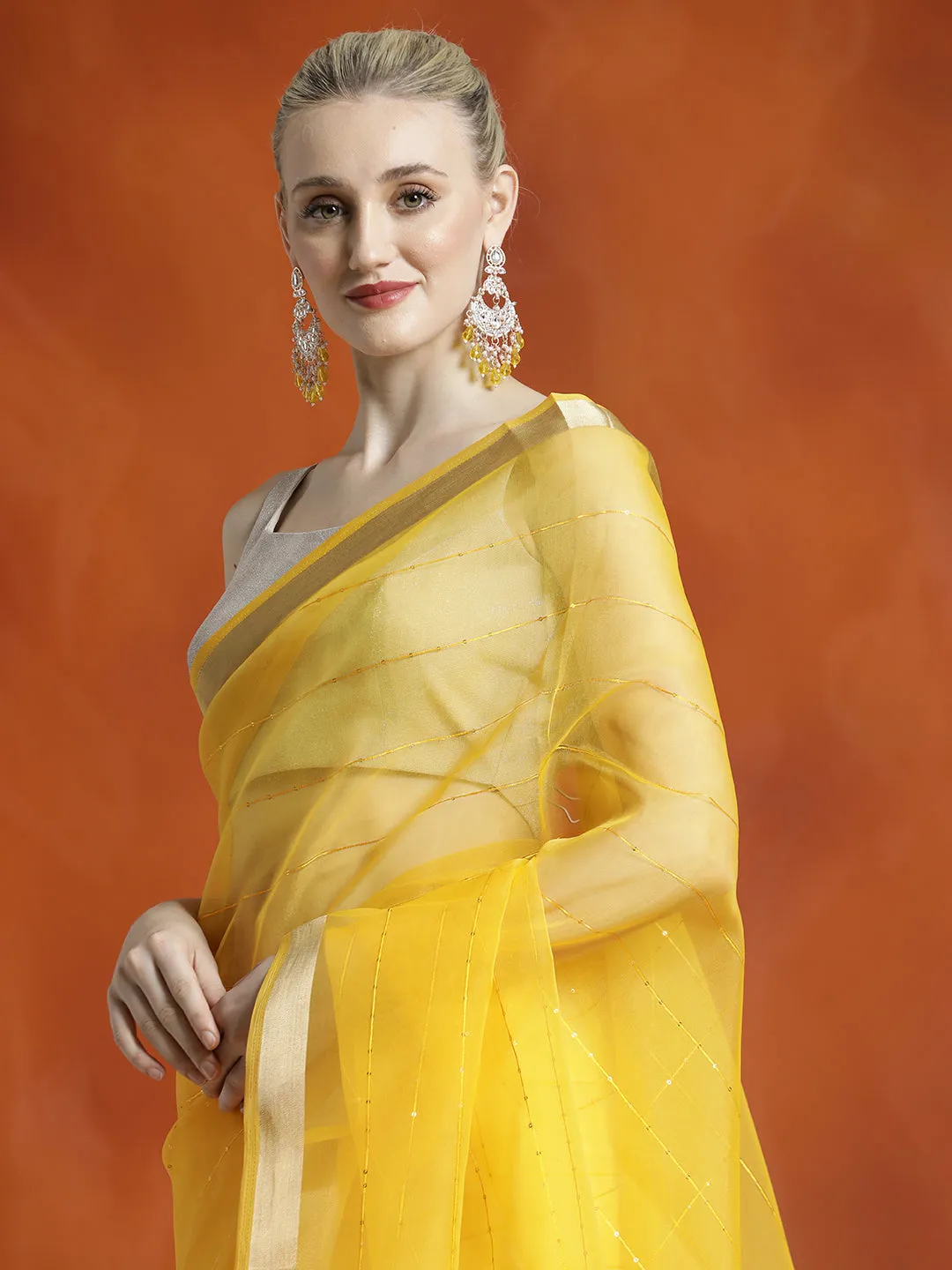 Yellow Sequin Embellished Banarasi Organza Saree