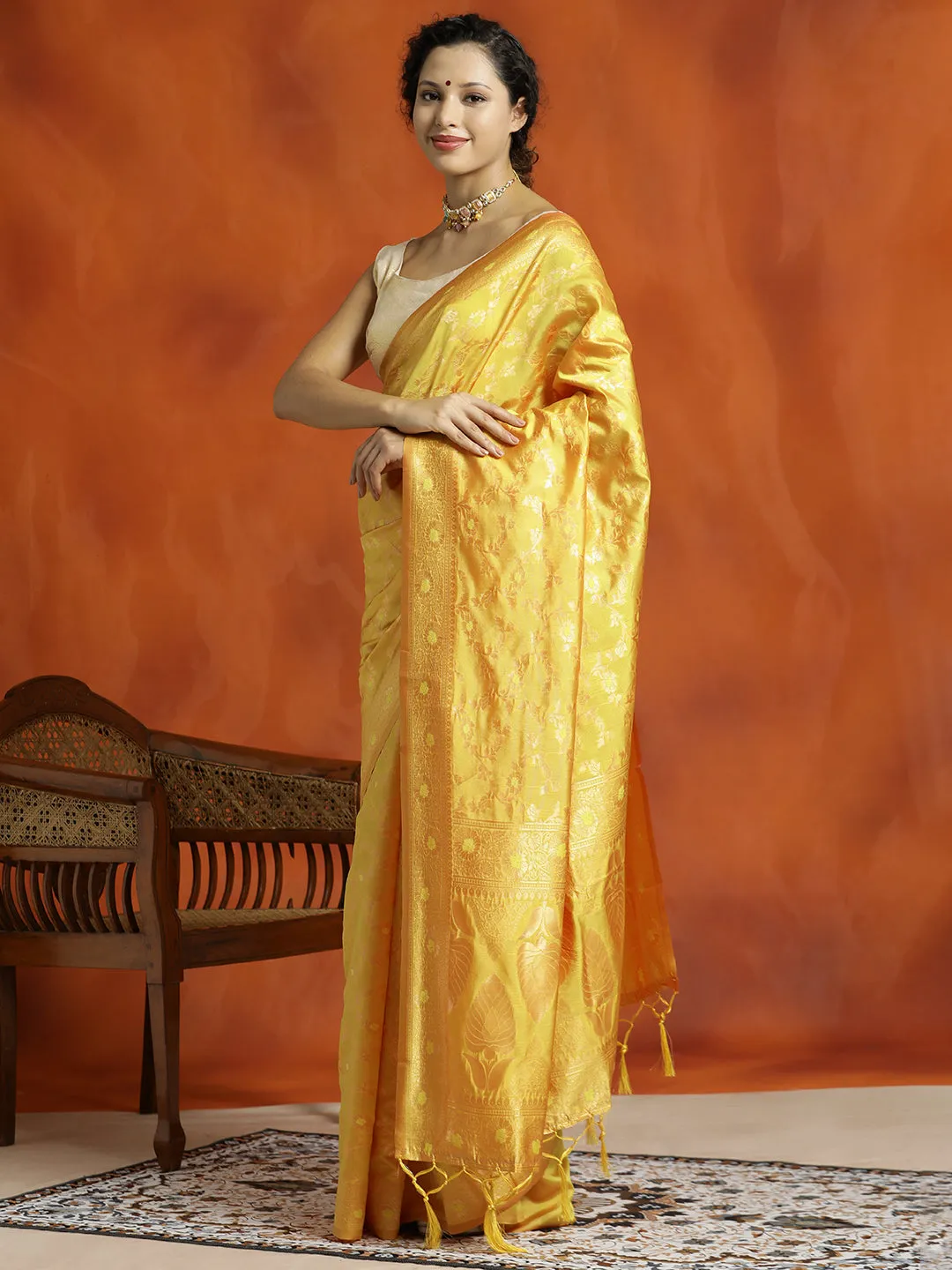 Yellow Silk Banarasi Zari Woven Heavy Saree
