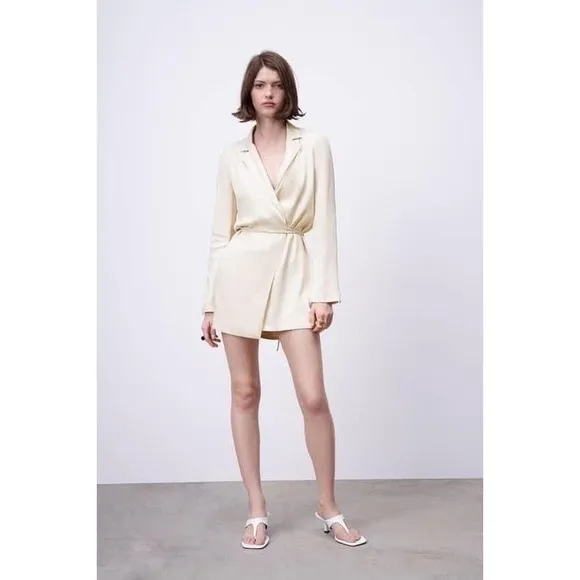 Zara EUC Satin Effect Wrap Blazer Dress Cream Oyster White Size M
