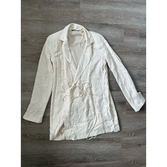 Zara EUC Satin Effect Wrap Blazer Dress Cream Oyster White Size M