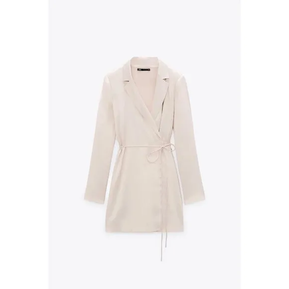 Zara EUC Satin Effect Wrap Blazer Dress Cream Oyster White Size M