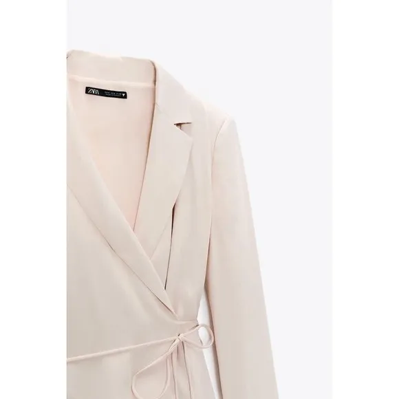 Zara EUC Satin Effect Wrap Blazer Dress Cream Oyster White Size M