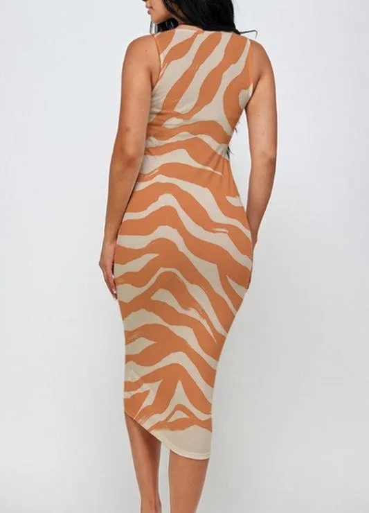 Zebra Print Ribbed Bodycon Midi Tank Dress
