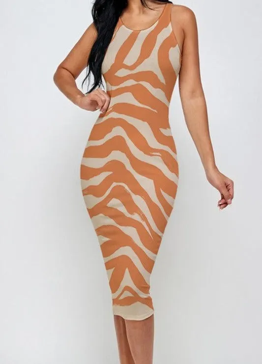 Zebra Print Ribbed Bodycon Midi Tank Dress