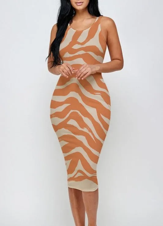 Zebra Print Ribbed Bodycon Midi Tank Dress
