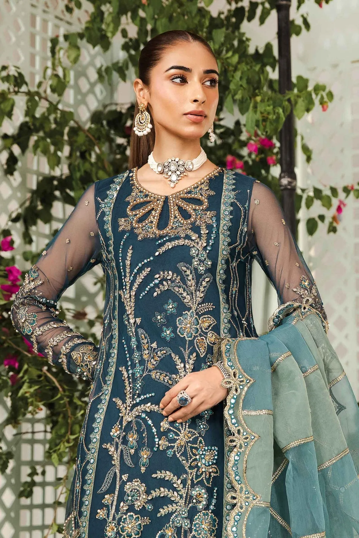 Zinc Embroidered Pakistani Salwar Kameez in Crushed Sharara Style