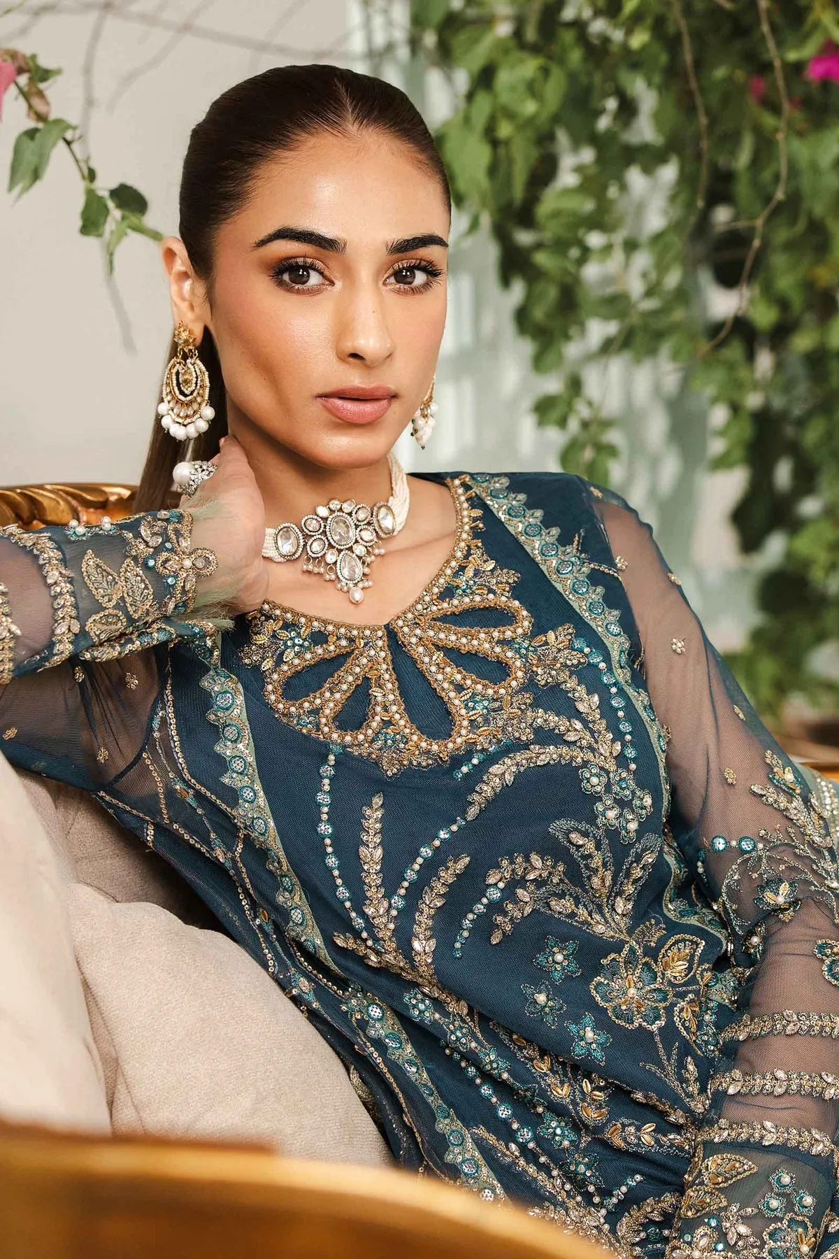 Zinc Embroidered Pakistani Salwar Kameez in Crushed Sharara Style